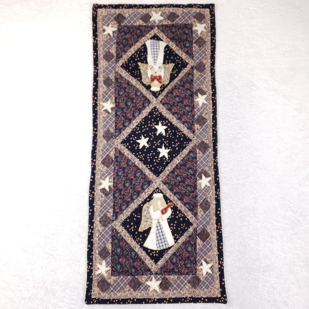 Handmade Quilted Angel Table Runner Navy Blue Stars Paisley Primitive 14x34